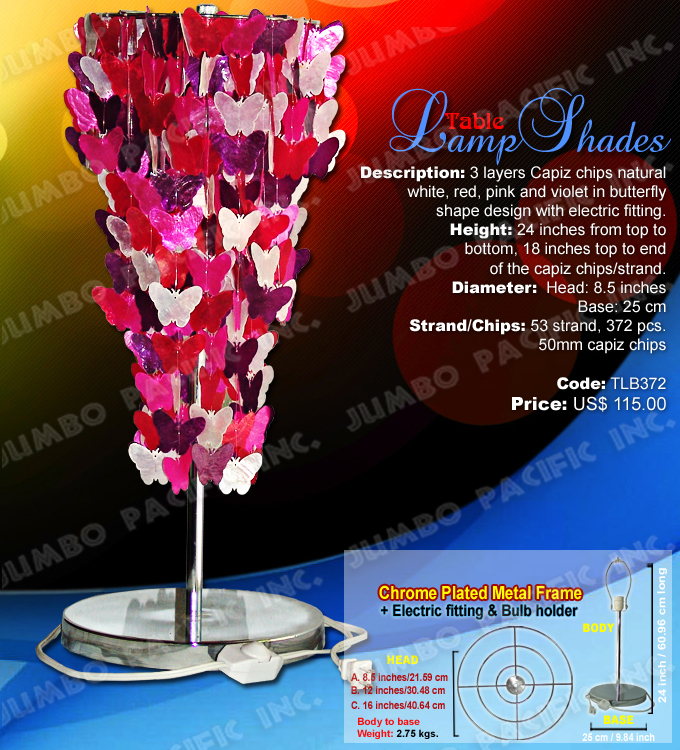 Butterfly Capiz Lamp Shades Code:TLB372 - Round shape table lamp shades made of capiz shell in chrome plated metal frame.